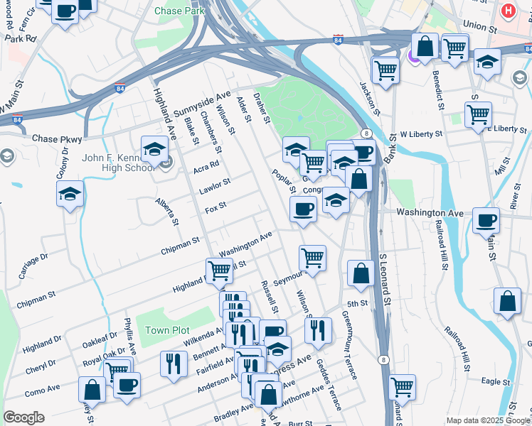 map of restaurants, bars, coffee shops, grocery stores, and more near 494 Wilson Street in Waterbury