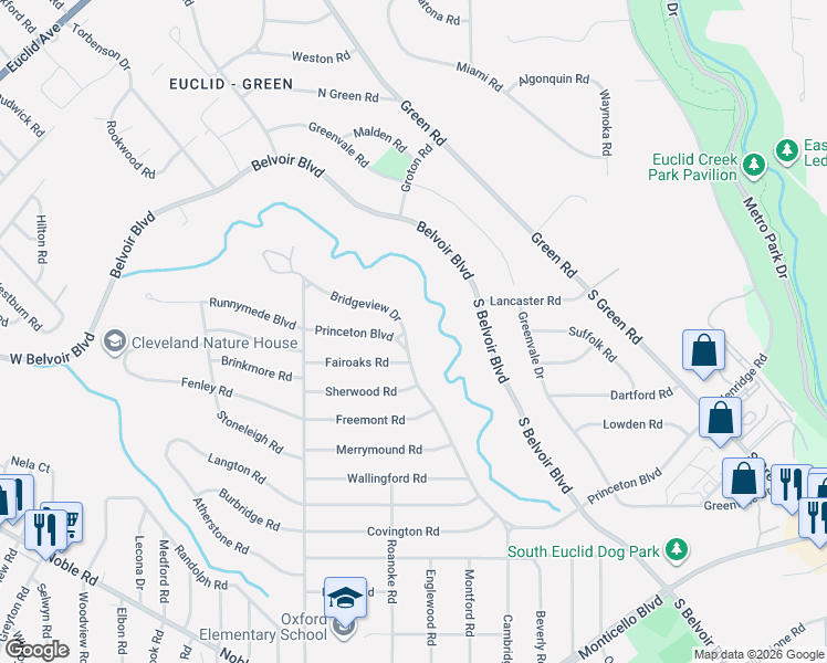 map of restaurants, bars, coffee shops, grocery stores, and more near 3841 Bridgeview Drive in South Euclid