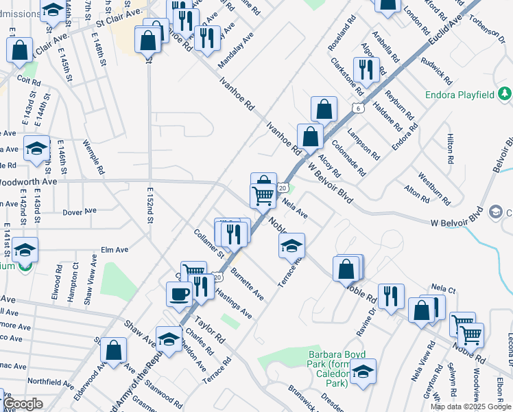 map of restaurants, bars, coffee shops, grocery stores, and more near 1775 Noble Road in East Cleveland
