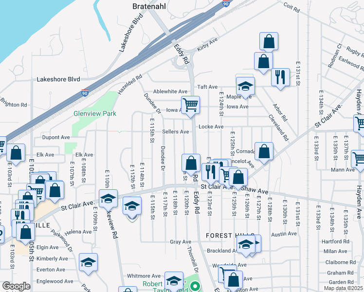 map of restaurants, bars, coffee shops, grocery stores, and more near 476 East 118th Street in Cleveland