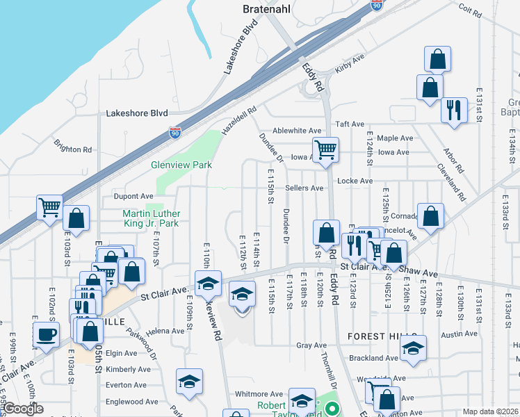 map of restaurants, bars, coffee shops, grocery stores, and more near 490 East 114th Street in Cleveland