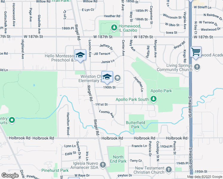 map of restaurants, bars, coffee shops, grocery stores, and more near 1301 190th Street in Homewood