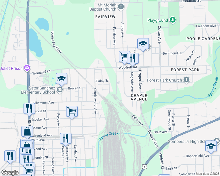 map of restaurants, bars, coffee shops, grocery stores, and more near 1022 Belle Avenue in Joliet
