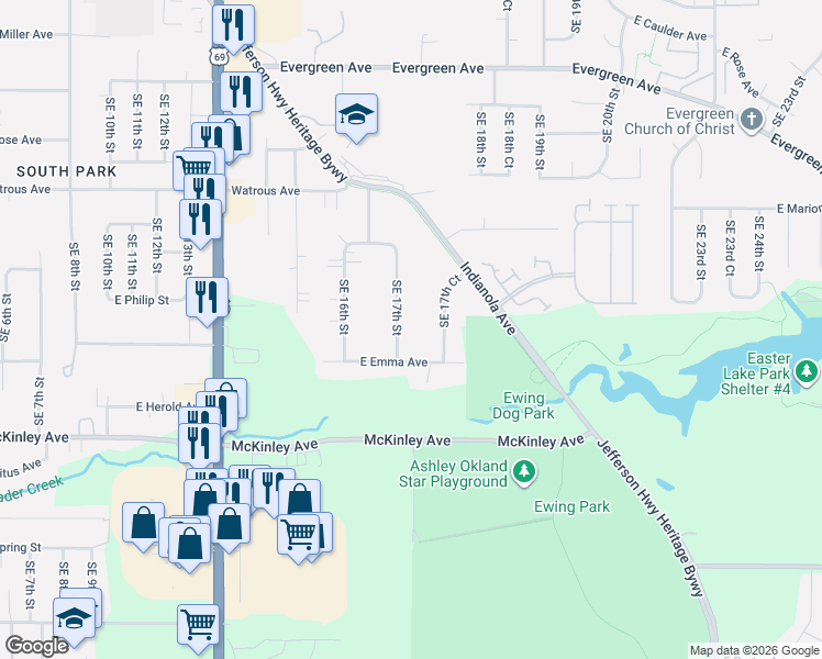map of restaurants, bars, coffee shops, grocery stores, and more near 4445 Southeast 17th Street in Des Moines