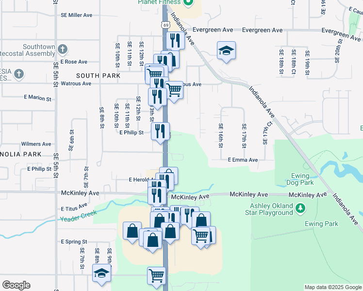 map of restaurants, bars, coffee shops, grocery stores, and more near 4415 Southeast 14th Street in Des Moines