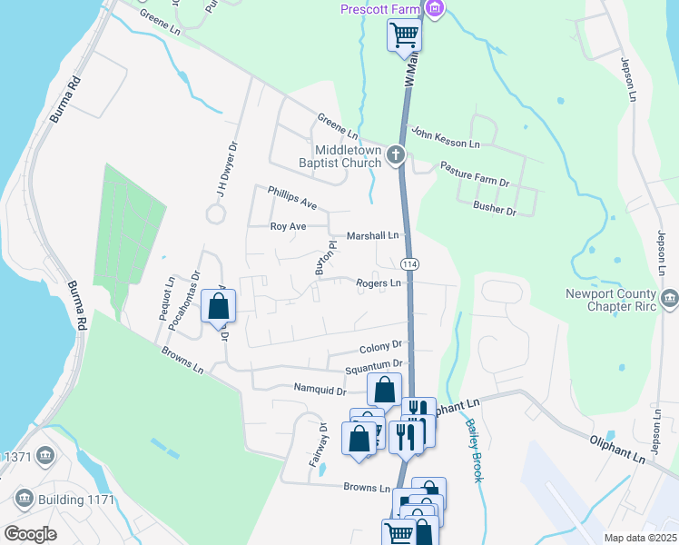 map of restaurants, bars, coffee shops, grocery stores, and more near 129 Rogers Lane in Middletown