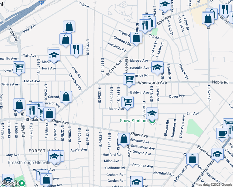map of restaurants, bars, coffee shops, grocery stores, and more near 1256 East 137th Street in East Cleveland
