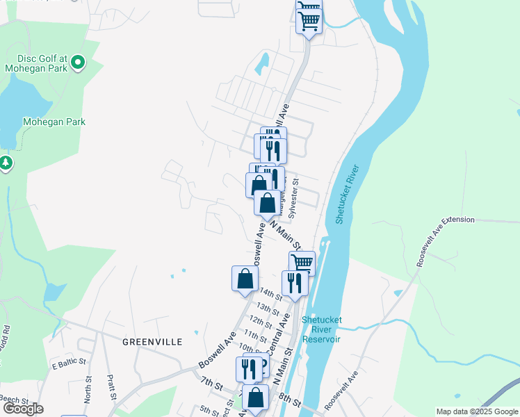 map of restaurants, bars, coffee shops, grocery stores, and more near 646 Boswell Avenue in Norwich