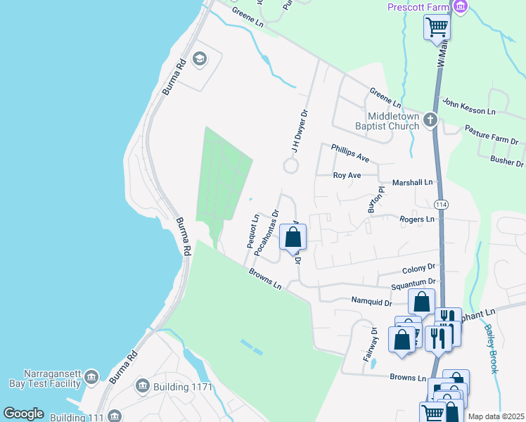 map of restaurants, bars, coffee shops, grocery stores, and more near 17 Pequot Lane in Middletown