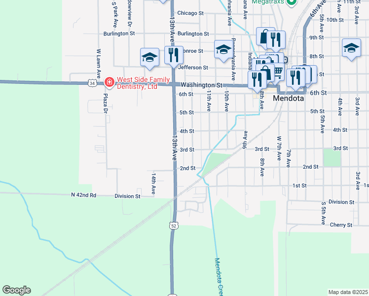 map of restaurants, bars, coffee shops, grocery stores, and more near 1204 3rd Street in Mendota