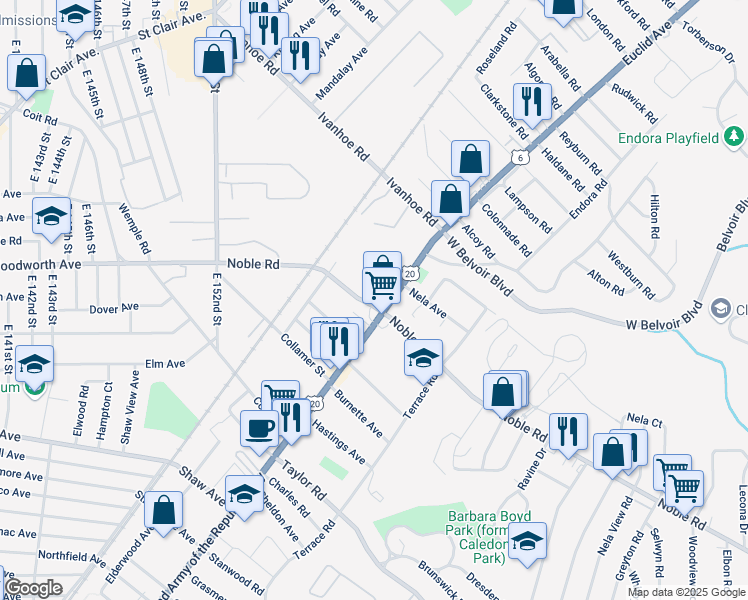 map of restaurants, bars, coffee shops, grocery stores, and more near 1775 Noble Road in East Cleveland