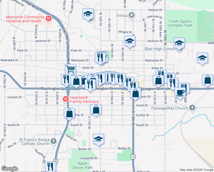 map of restaurants, bars, coffee shops, grocery stores, and more near in Blair