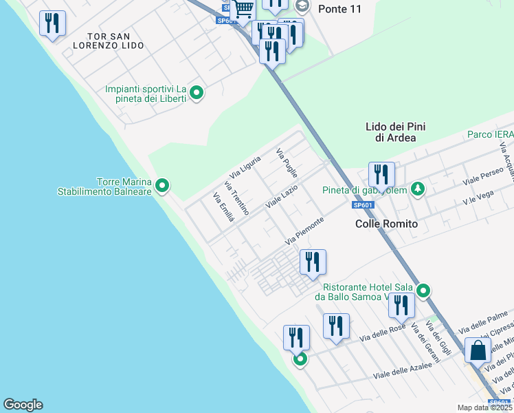 map of restaurants, bars, coffee shops, grocery stores, and more near 34 Viale Lazio in Marina di Ardea