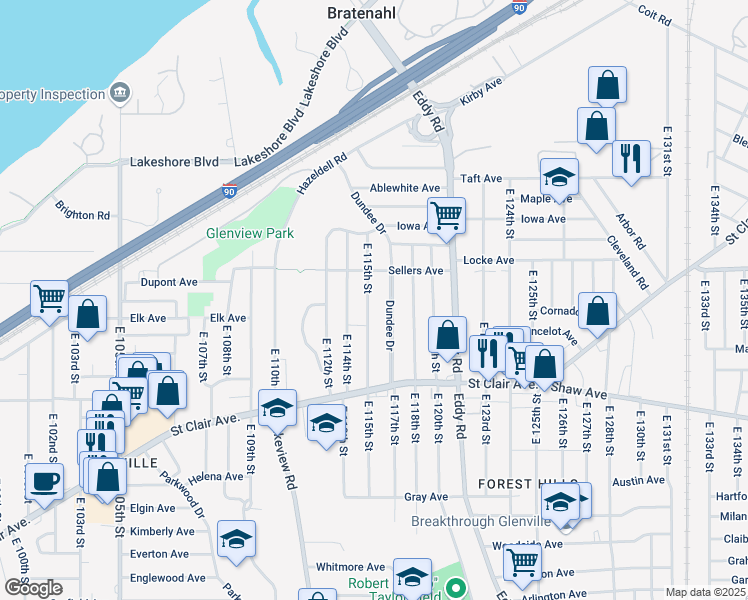 map of restaurants, bars, coffee shops, grocery stores, and more near 487 East 115th Street in Cleveland