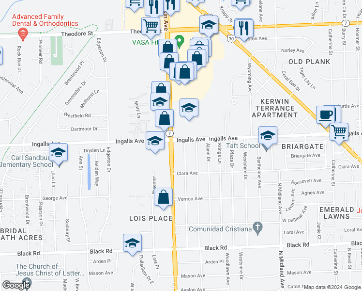 map of restaurants, bars, coffee shops, grocery stores, and more near 1119 Winthrop Avenue in Joliet