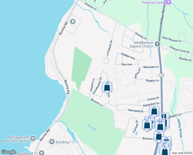 map of restaurants, bars, coffee shops, grocery stores, and more near 17 Pequot Lane in Middletown