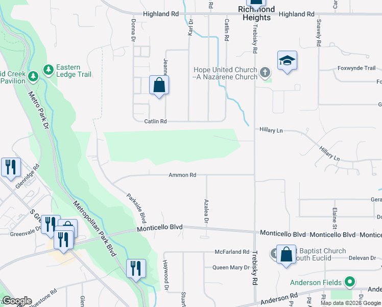 map of restaurants, bars, coffee shops, grocery stores, and more near 4499 Parkside Boulevard in Cleveland