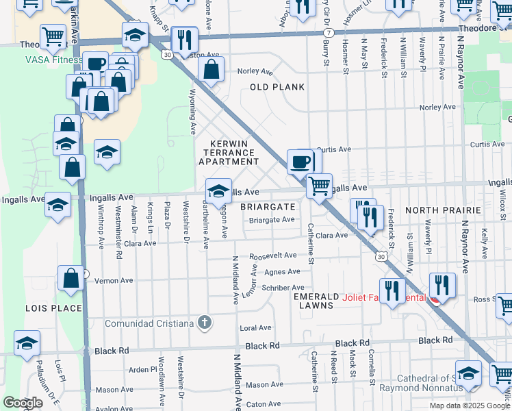 map of restaurants, bars, coffee shops, grocery stores, and more near 1310 Kenmore Avenue in Joliet