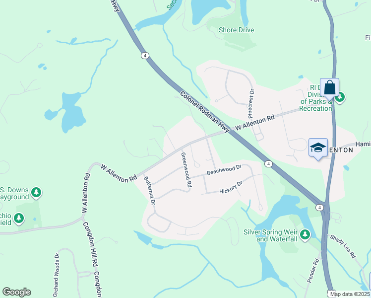 map of restaurants, bars, coffee shops, grocery stores, and more near 342 West Allenton Road in North Kingstown