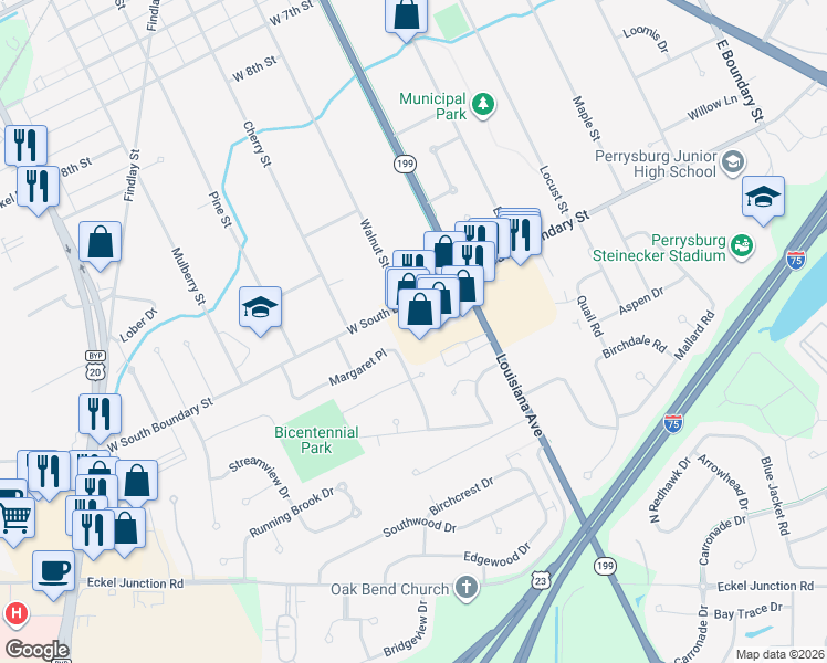 map of restaurants, bars, coffee shops, grocery stores, and more near 144 West South Boundary Street in Perrysburg