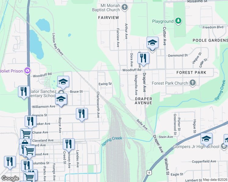 map of restaurants, bars, coffee shops, grocery stores, and more near 1022 Belle Avenue in Joliet