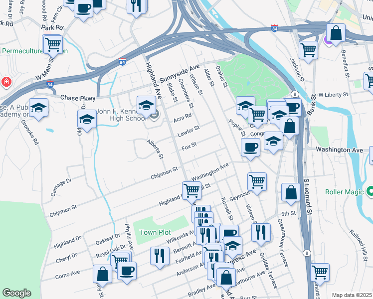 map of restaurants, bars, coffee shops, grocery stores, and more near 87 Fox Street in Waterbury