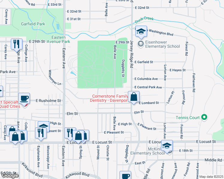 map of restaurants, bars, coffee shops, grocery stores, and more near 2420 Belle Avenue in Davenport