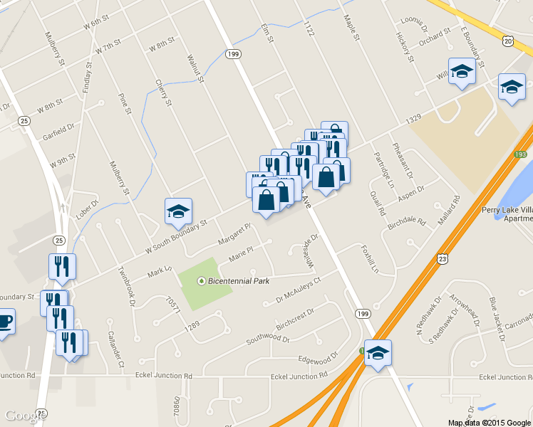 map of restaurants, bars, coffee shops, grocery stores, and more near 144 W South Boundary St in Perrysburg