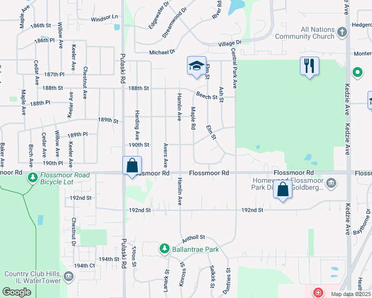 map of restaurants, bars, coffee shops, grocery stores, and more near 3752 Cherry Hills Drive in Flossmoor