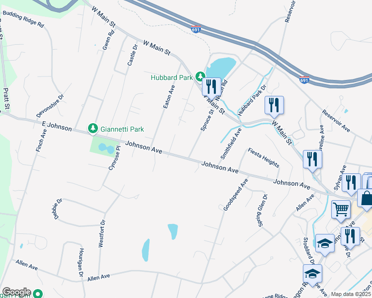 map of restaurants, bars, coffee shops, grocery stores, and more near 119 Spruce Street in Meriden