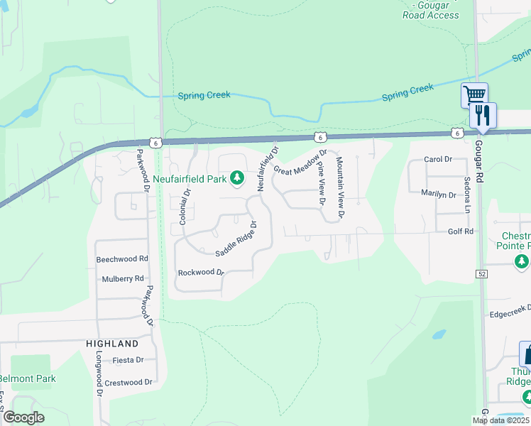 map of restaurants, bars, coffee shops, grocery stores, and more near 1003 Neufairfield Drive in Joliet