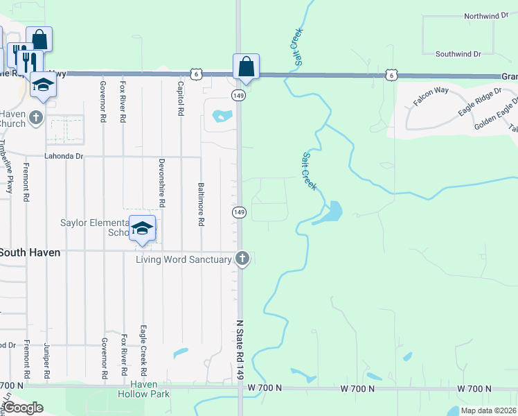 map of restaurants, bars, coffee shops, grocery stores, and more near 296 Dawn Drive in Valparaiso
