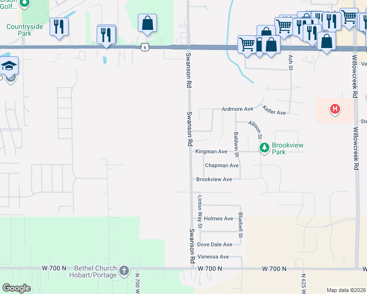 map of restaurants, bars, coffee shops, grocery stores, and more near 3715 Swanson Road in Portage
