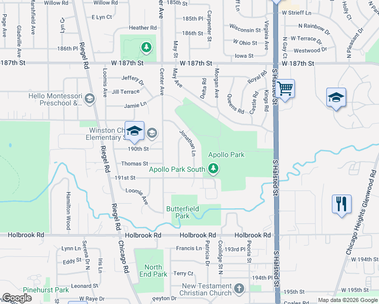 map of restaurants, bars, coffee shops, grocery stores, and more near 19006 Jonathan Lane in Homewood
