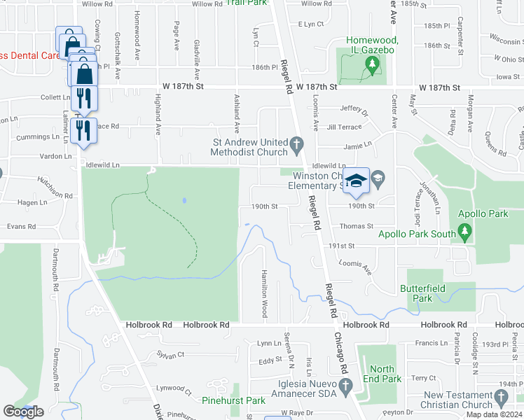 map of restaurants, bars, coffee shops, grocery stores, and more near 12 Riegel Oaks Lane in Homewood