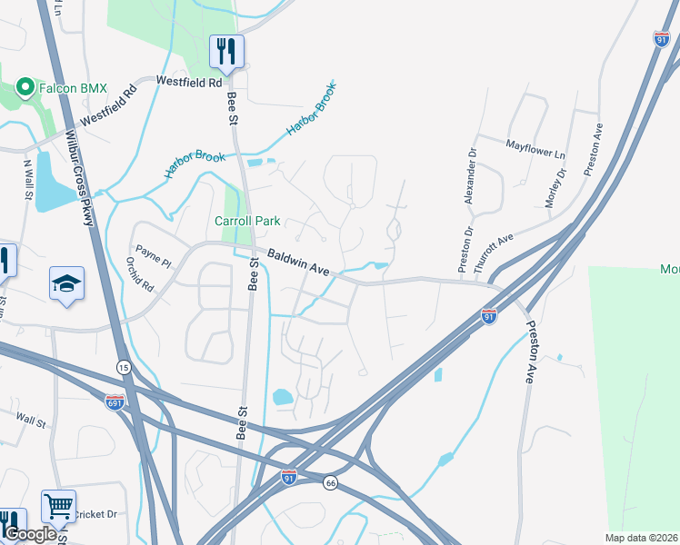 map of restaurants, bars, coffee shops, grocery stores, and more near 12 Mattabasset Drive in Meriden