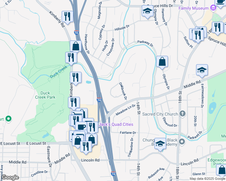 map of restaurants, bars, coffee shops, grocery stores, and more near 2 Oakbrook Drive in Bettendorf