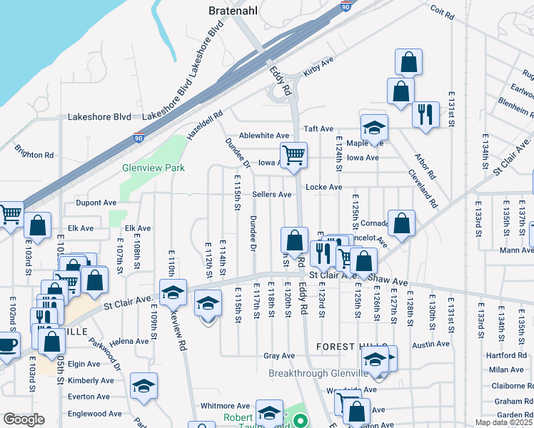 map of restaurants, bars, coffee shops, grocery stores, and more near 476 East 118th Street in Cleveland