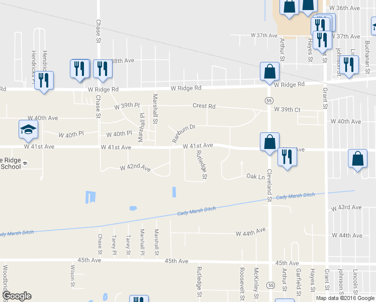 map of restaurants, bars, coffee shops, grocery stores, and more near 2429 West 41st Avenue in Gary
