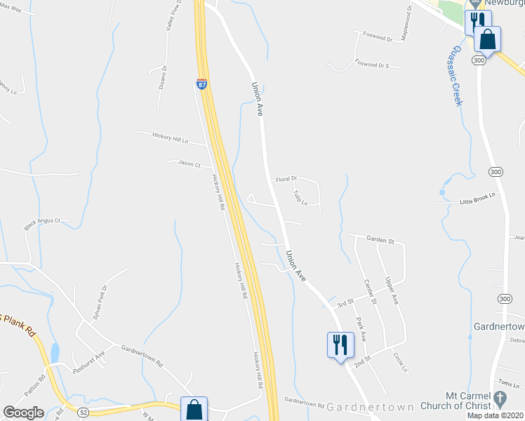map of restaurants, bars, coffee shops, grocery stores, and more near 1257 Union Avenue in Newburgh