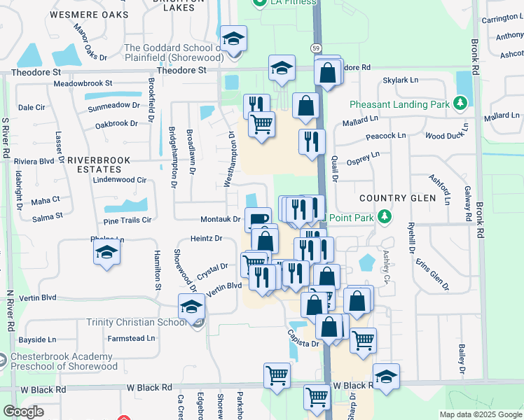 map of restaurants, bars, coffee shops, grocery stores, and more near 1213 Courtland Circle in Plainfield