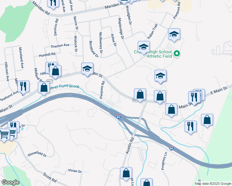 map of restaurants, bars, coffee shops, grocery stores, and more near 3378 East Main Street in Waterbury