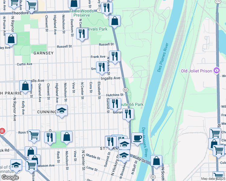 map of restaurants, bars, coffee shops, grocery stores, and more near 1107 North Hickory Street in Joliet