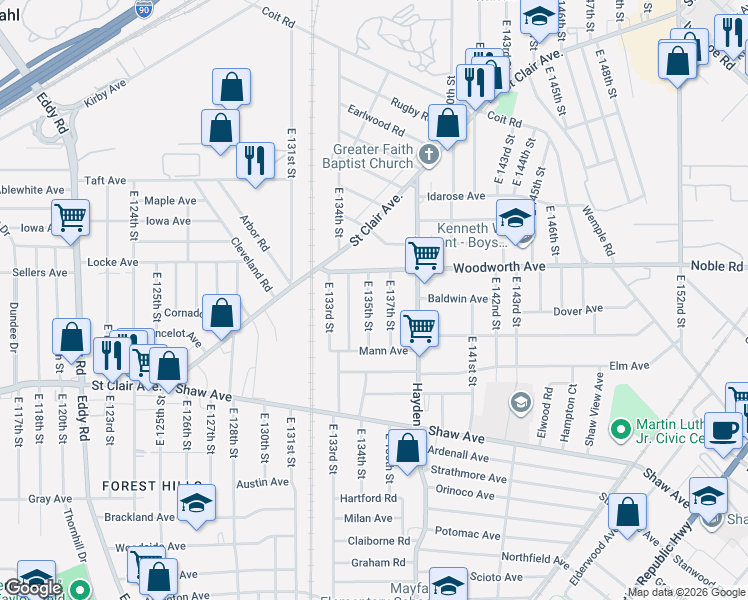 map of restaurants, bars, coffee shops, grocery stores, and more near 1256 East 137th Street in East Cleveland