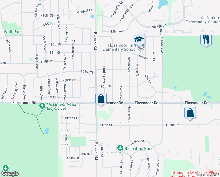 map of restaurants, bars, coffee shops, grocery stores, and more near 19002 Springfield Avenue in Flossmoor