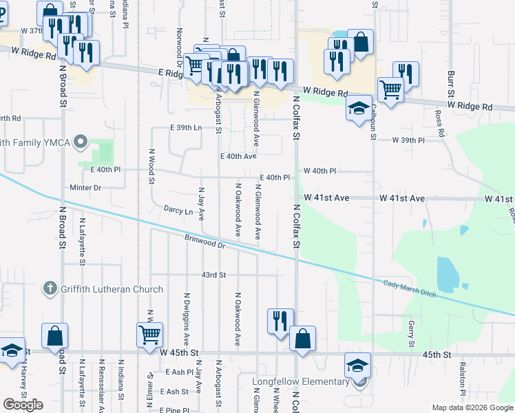 map of restaurants, bars, coffee shops, grocery stores, and more near 1236 North Glenwood Avenue in Griffith