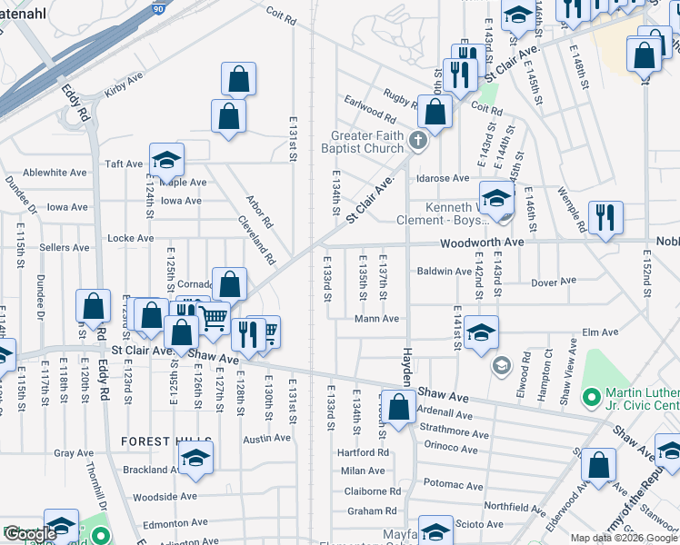 map of restaurants, bars, coffee shops, grocery stores, and more near 1257 East 134th Street in East Cleveland