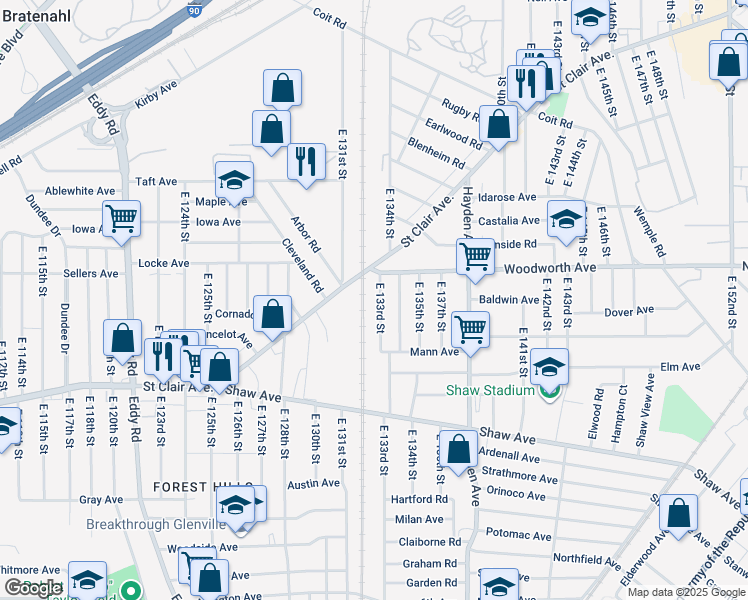 map of restaurants, bars, coffee shops, grocery stores, and more near 1252 East 133rd Street in East Cleveland