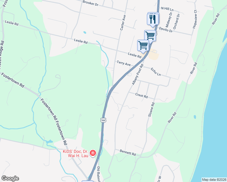 map of restaurants, bars, coffee shops, grocery stores, and more near 5218 Route 9W in Newburgh