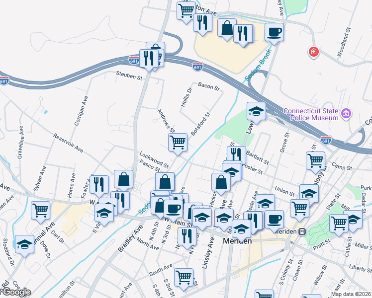 map of restaurants, bars, coffee shops, grocery stores, and more near 3 Botsford Street in Meriden